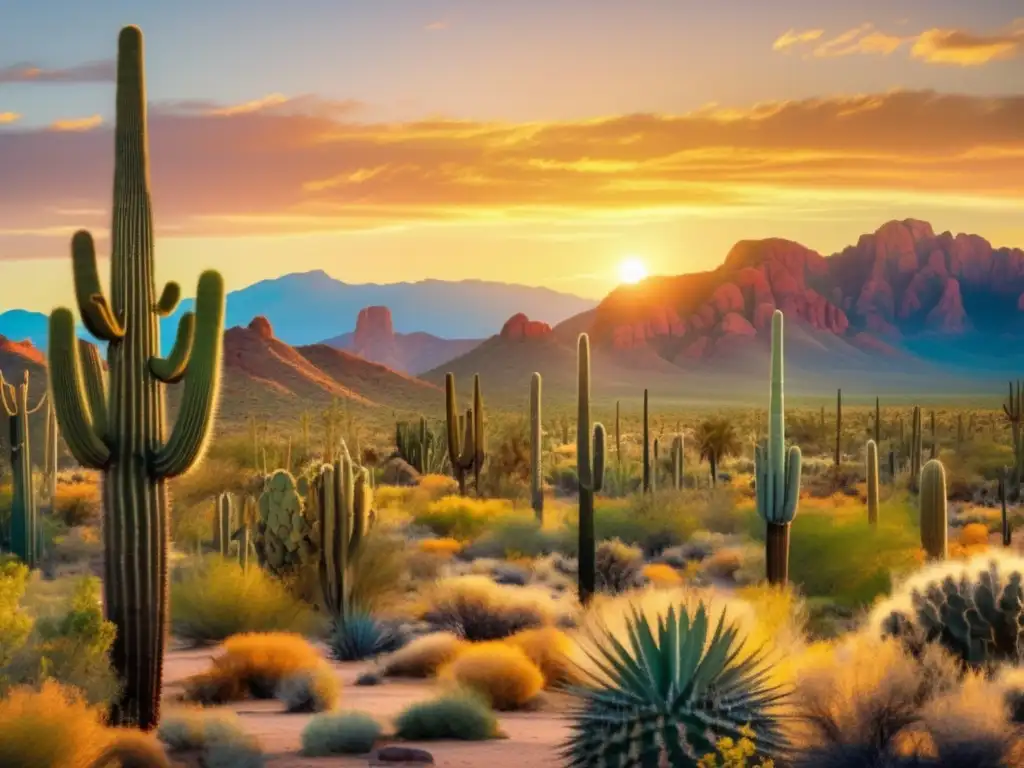 Importancia cultural de cactus en festividades del desierto: imagen detallada de paisaje desértico vibrante, con imponentes cactus saguaro dispersos