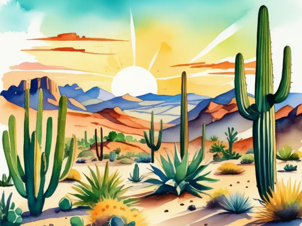 Importancia cultural plantas desierto comunidades indígenas: ilustración vibrante muestra paisaje desierto con cactus, plantas adaptadas y diversidad