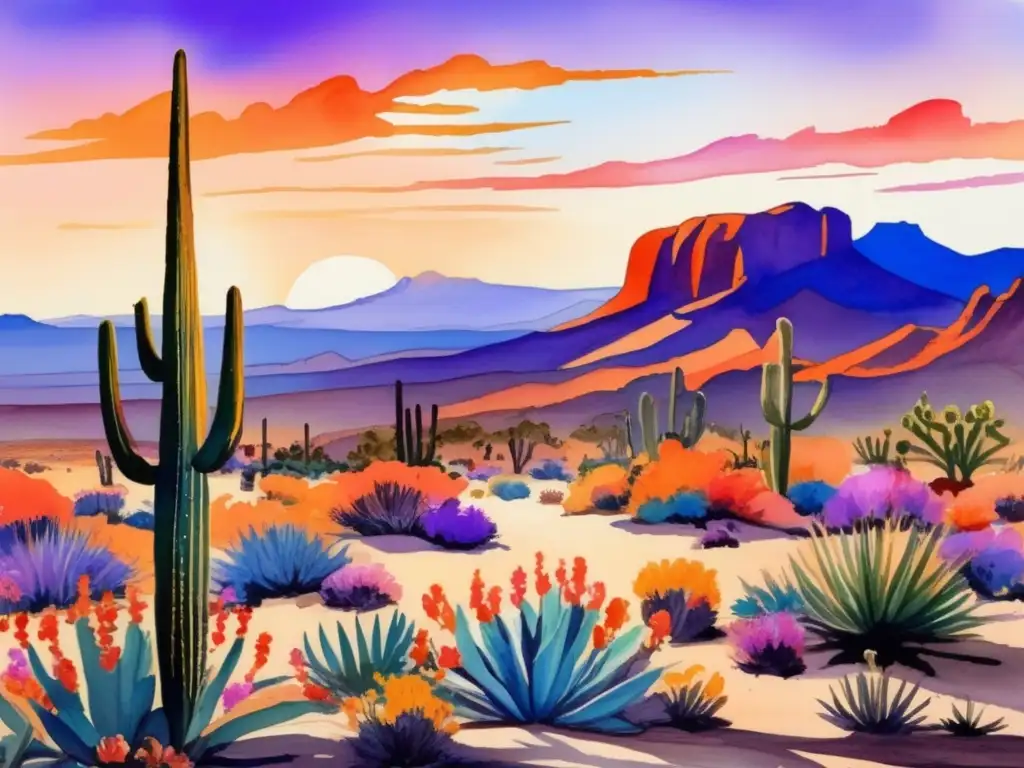 Flores exóticas en el desierto: una pintura acuarela vibrante con cactus y flores en el paisaje árido del Desierto de Sonora