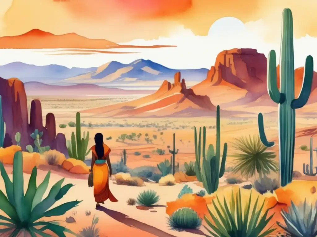 Paisaje desértico con medicina ancestral Ilustración acuarela: paisaje desierto, plantas medicinales, remedios ancestrales naturales