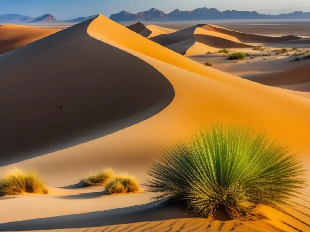 Cambios radicales flora desierto ingeniería genética, paisaje vibrante con dunas de arena, vegetación escasa y colores vivos