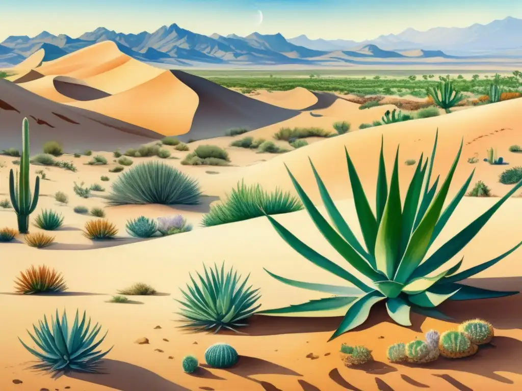 Ilustración detallada de un vibrante paisaje desértico con dunas de arena y plantas medicinales nativas