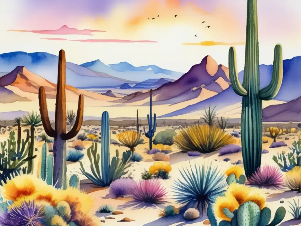 Paisaje desértico con plantas exóticas: cactus, flores y suculentas en tonos dorados y violetas