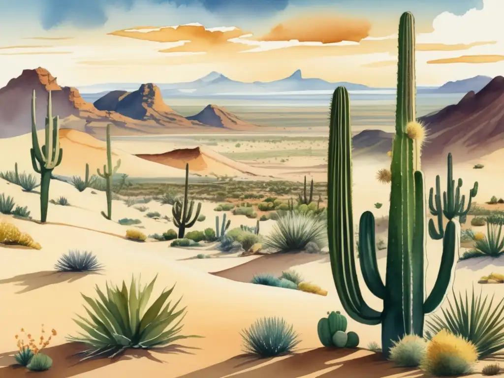 Paisaje desértico con cactus, dunas de arena y flora diversa - Importancia cultural plantas desierto comunidades indígenas