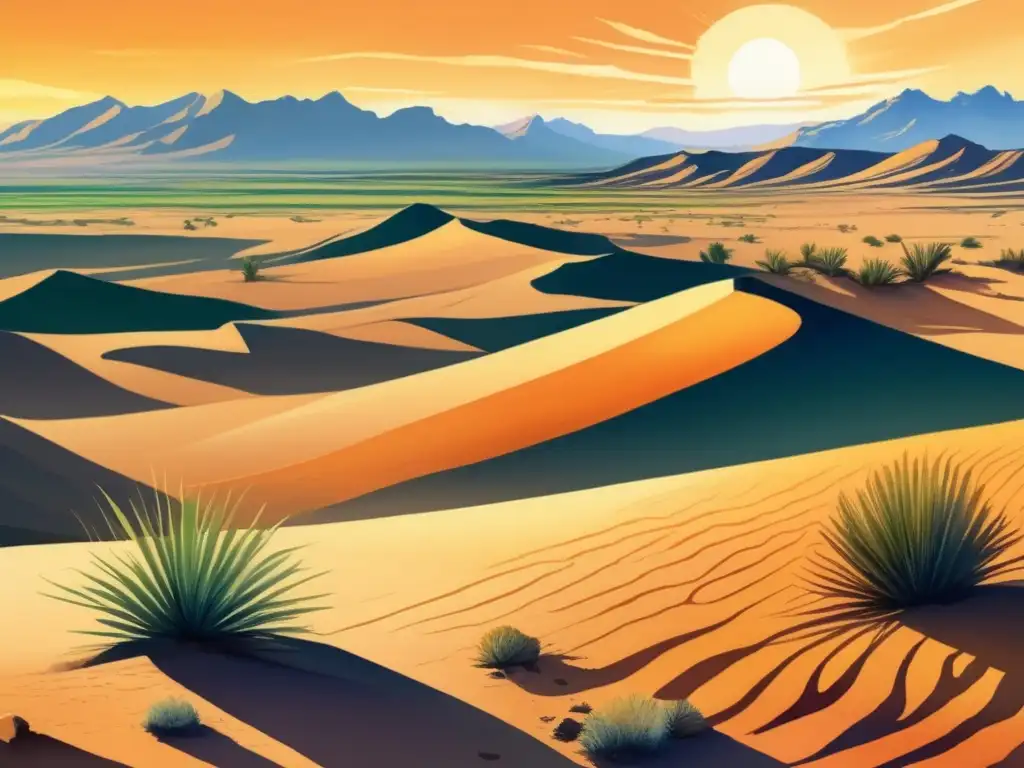 Ilustración acuarela: paisaje desierto y plantas resilientes, amenaza cambio climático