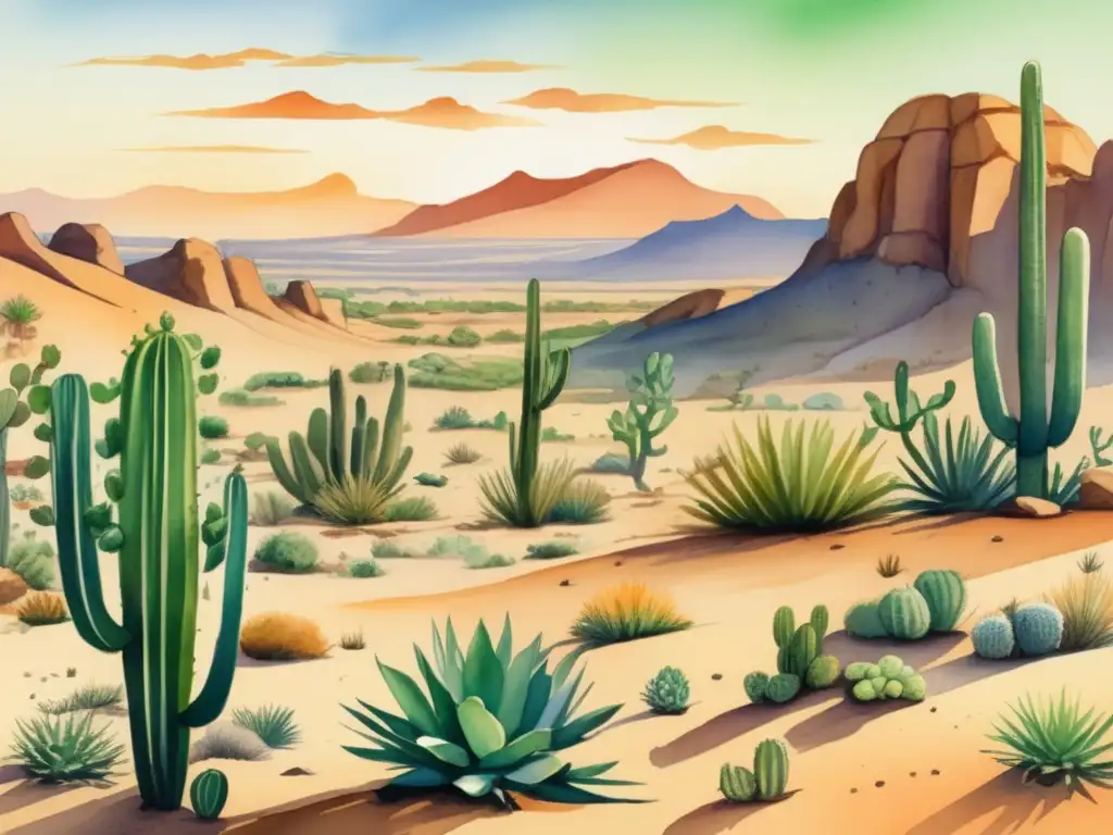 Influencia del cambio climático en flora desértica: ilustración detallada de un vasto paisaje desértico bajo el sol abrasador, con cactus y suculentas contrastando con la arena cálida, dunas y formaciones rocosas creando perspectiva, y un efecto de espejismo en la distancia