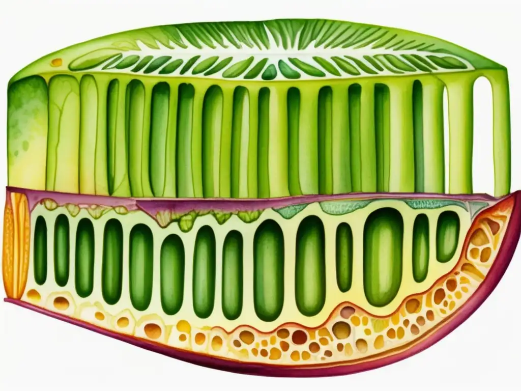 Funciones y estructuras internas de las plantas: ilustración acuarela detallada de una sección transversal del tallo, mostrando epidermis, corteza, haces vasculares y médula