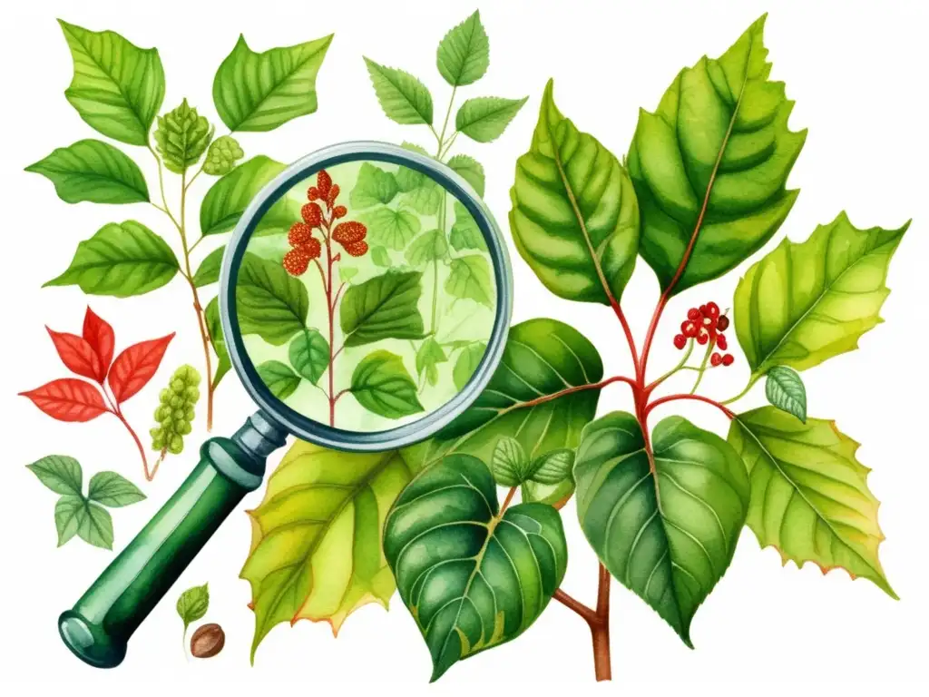 Ilustración acuarela detallada de un bosque verde exuberante con variedad de plantas