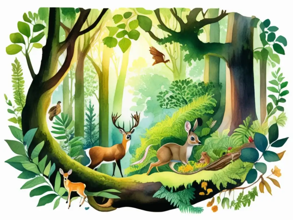 Ilustración acuarela detallada de un bosque exuberante Ilustración acuarela detallada de un bosque exuberante, lleno de flora y fauna vibrante