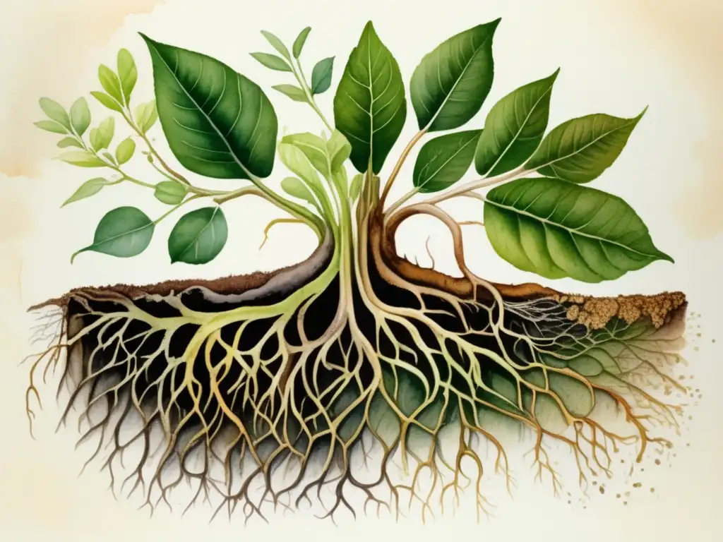 Importancia morfología plantas: detallada ilustración acuarela de raíces, tallo y hojas, resaltando estructuras y funciones