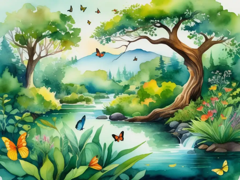 Ecosistema vibrante con flora y fauna diversa Ciclo de vida de las plantas en un exuberante ecosistema lleno de vida y color