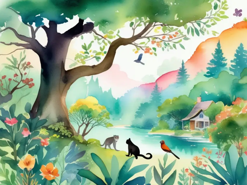 Ilustración acuarela de un ecosistema vibrante y exuberante, resaltando la importancia de la simbiosis en los ecosistemas