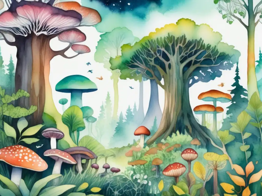 Ilustración vibrante muestra ecosistema próspero con diversidad de vida - Importancia de la simbiosis en ecosistemas