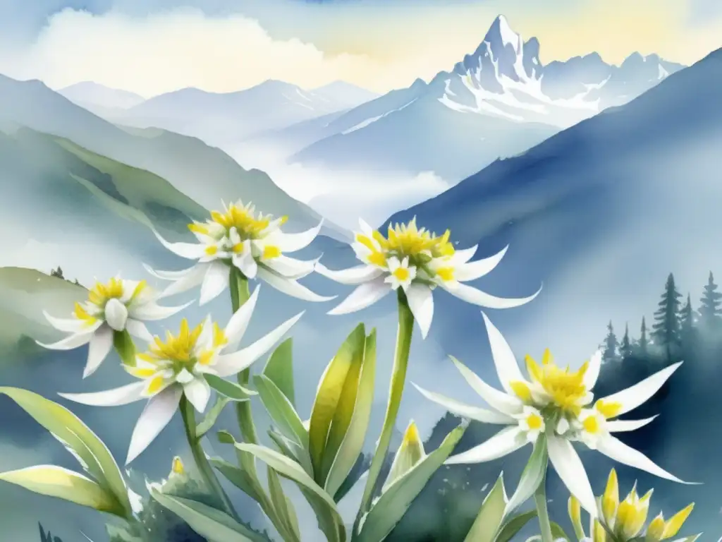 Ilustración acuarela de la planta Edelweiss de Java, con delicados pétalos blancos y centro amarillo vibrante