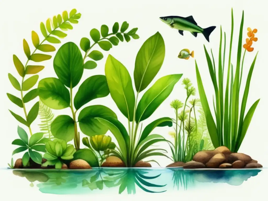 Ciclos de vida de plantas acuáticas: Vibrante ilustración acuarela que muestra etapas de crecimiento, reproducción y hábitat bajo el agua