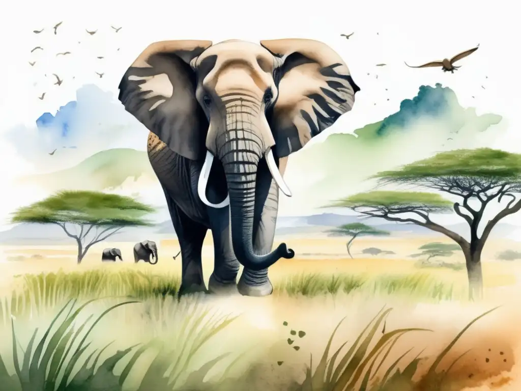 Ilustración acuarela detallada de una vasta sabana africana, con hierba verde y ondulante