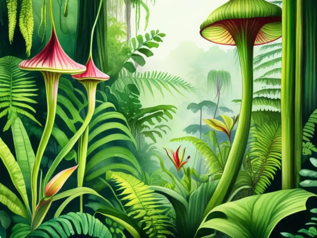 Ilustración detallada de una exuberante selva tropical con plantas carnívoras en peligro de extinción