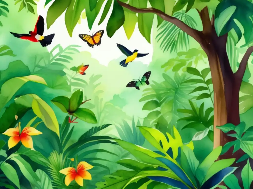 Ilustración acuarela de una exuberante selva tropical con plantas comestibles y diversa vida vegetal