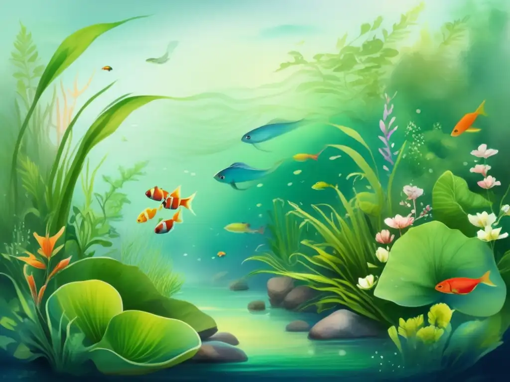 Plantas acuáticas simbióticas en vida acuática: escena vibrante y serena bajo el agua con detalles acuarela, plantas verdes y peces coloridos