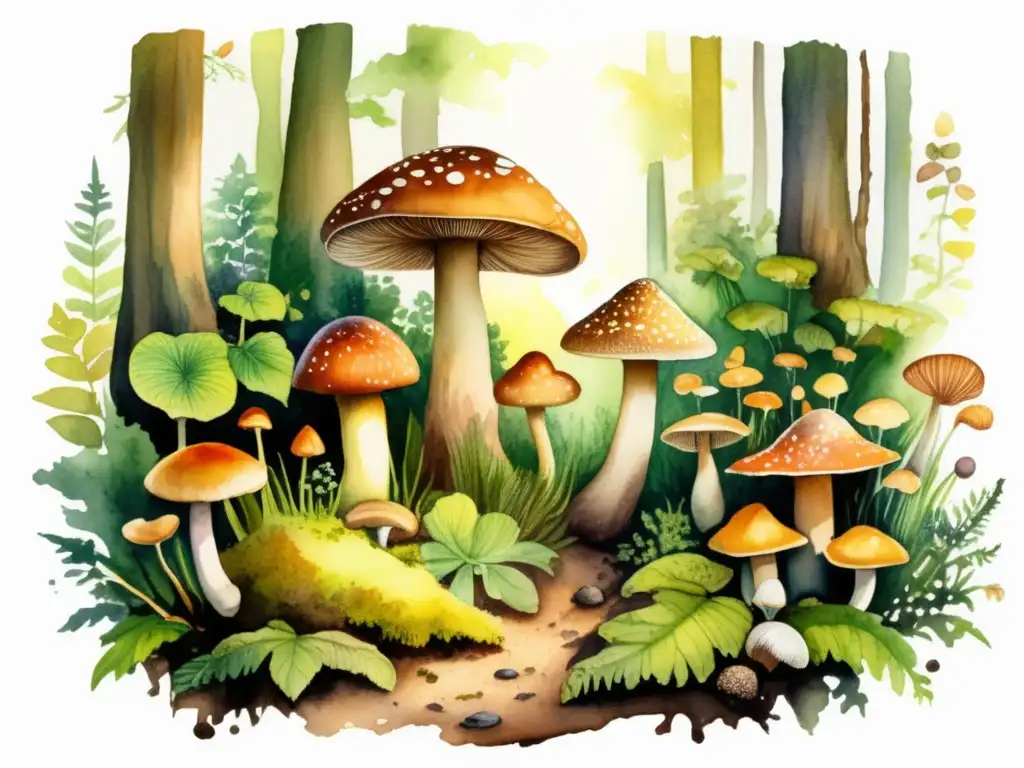 Ilustración acuarela de un bosque exuberante con setas comestibles, invitando a explorar - Identificación y preparación de setas comestibles