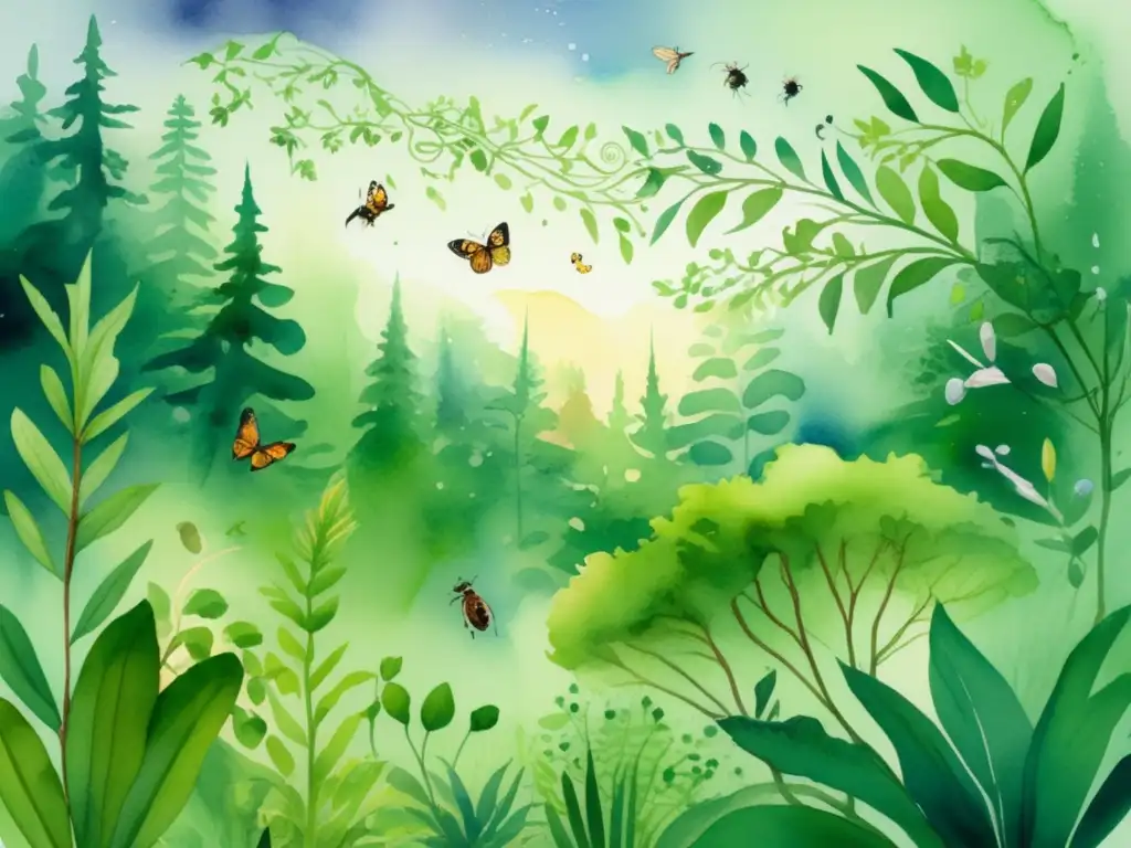 Ilustración de una exuberante escena forestal con follaje verde vibrante y la relación entre plantas e insectos