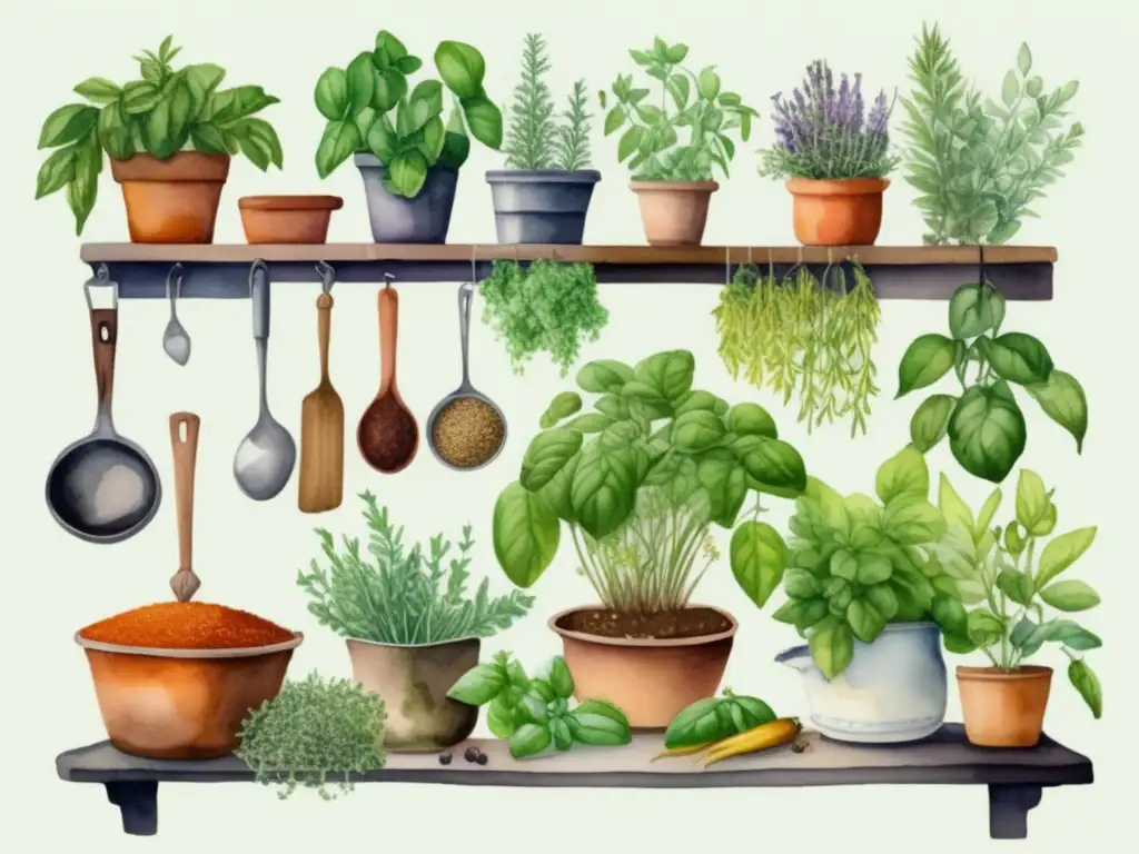 Plantas medicinales en una cocina vibrante con detalles acuarela