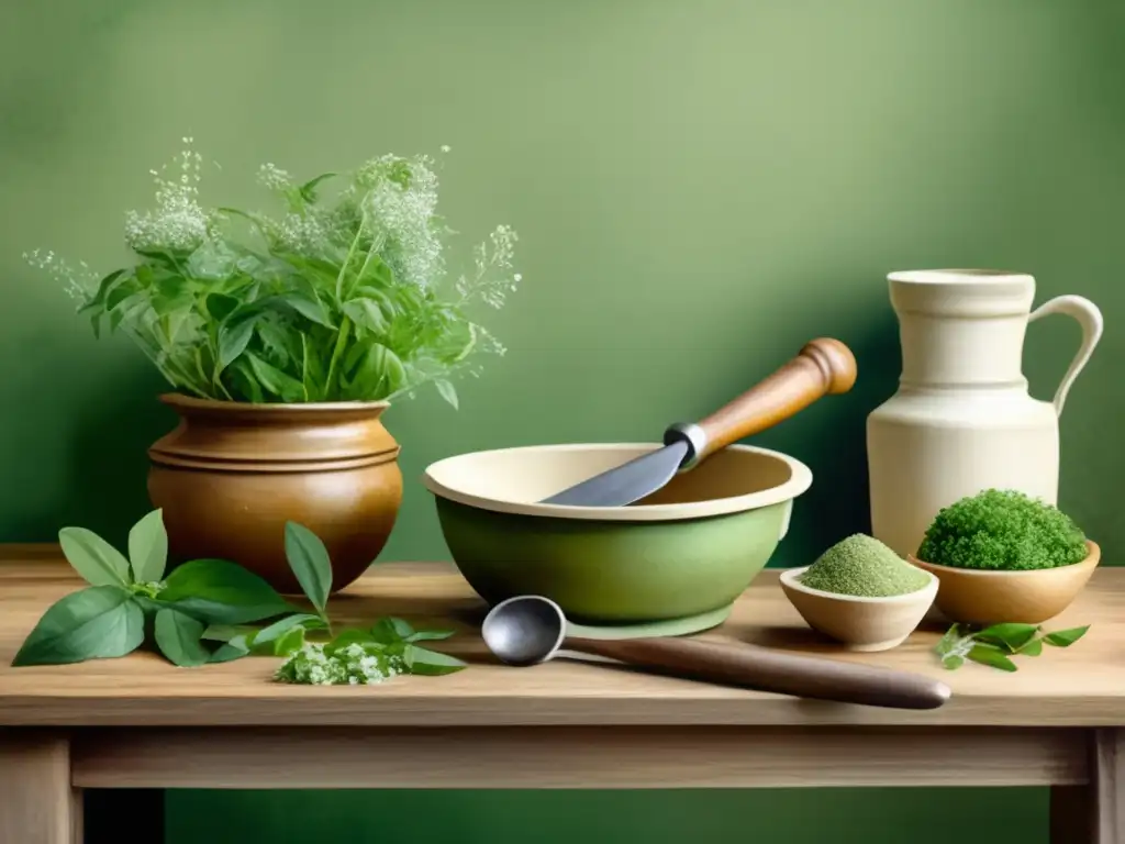 Escena de cocina tradicional con mesa de madera, cicuta fresca en mortero de piedra, cuchillo de chef y estantes de hierbas