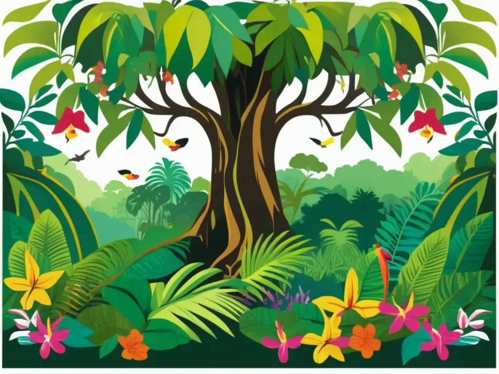 Bosque tropical exuberante con árbol majestuoso Importancia cultural de plantas en leyendas y mitos