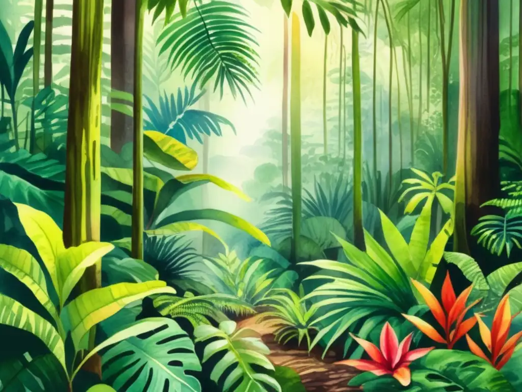 Ilustración acuarela detallada de un exuberante bosque tropical