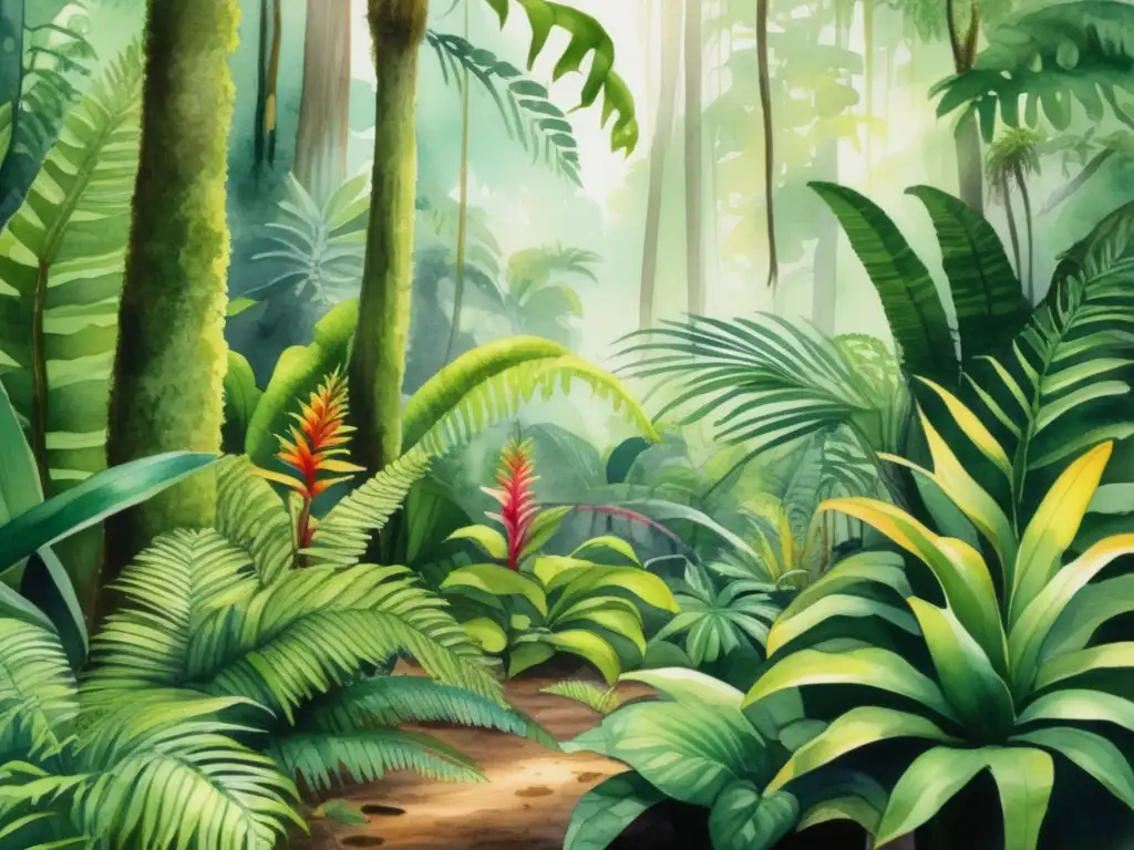 Ilustración acuarela detallada de un exuberante bosque tropical con plantas adaptadas a la humedad del ambiente