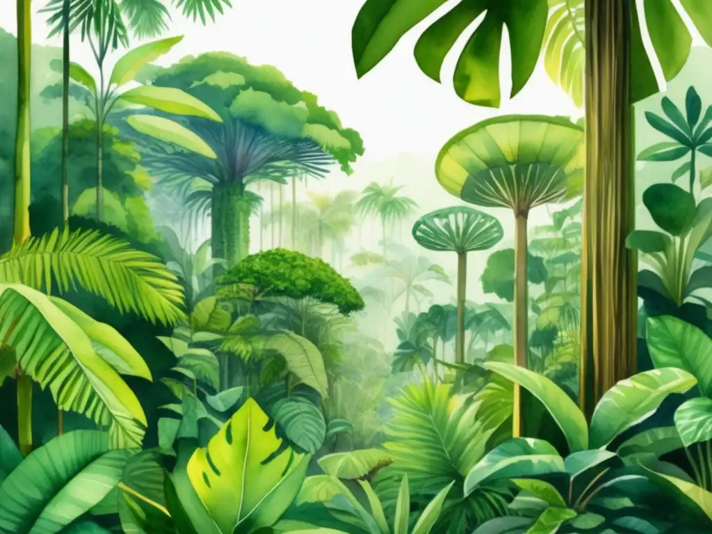 Ilustración acuarela detallada de selva tropical con plantas adaptadas a la luz