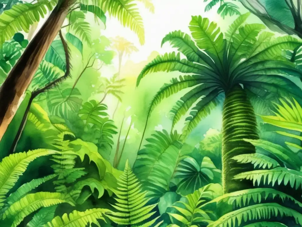 Ilustración acuarela detallada de selva tropical con Helecho Arborescente y flora vibrante