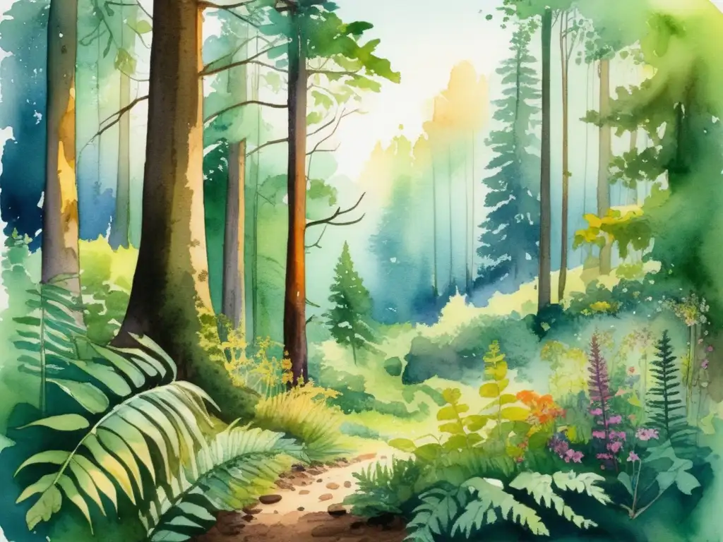 Ilustración acuarela vibrante de un bosque diverso y exuberante