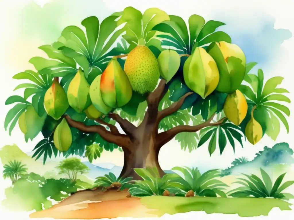 Ilustración acuarela vibrante de un idílico paisaje tropical con un Árbol del Pan en el centro