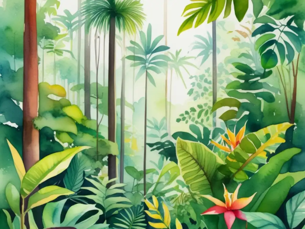 Adaptación fenológica plantas cambio climático en exuberante ilustración acuarela de selva tropical