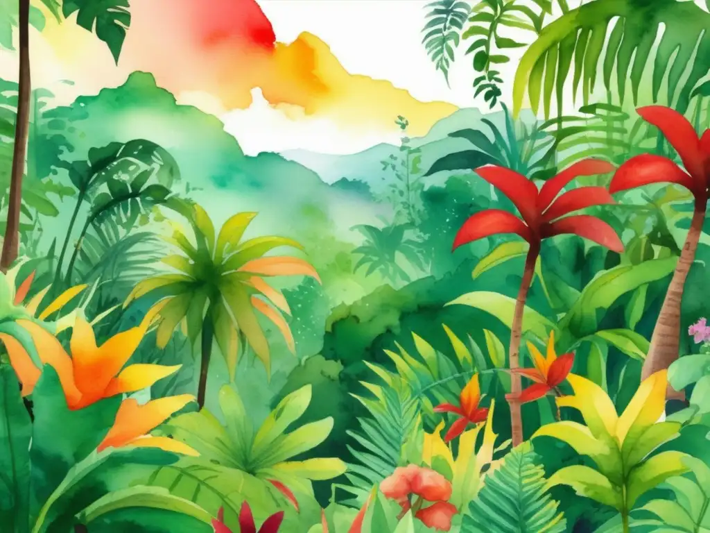 Ilustración vibrante de bosque tropical con diversidad de plantas y animales, resaltando la importancia de las plantas tropicales para la fauna