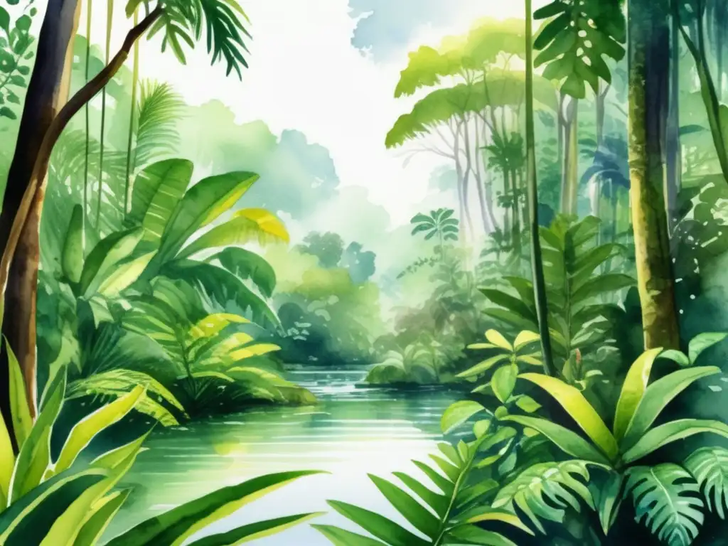 Impacto cambio climático en plantas: Ilustración detallada de una exuberante selva tropical con árboles altos, vegetación densa y río cristalino