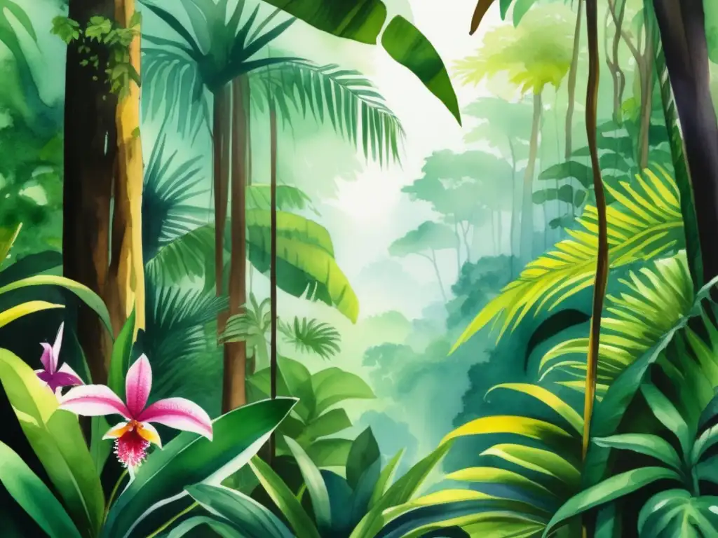 Ilustración acuarela de selva tropical con adaptaciones de plantas tropicales