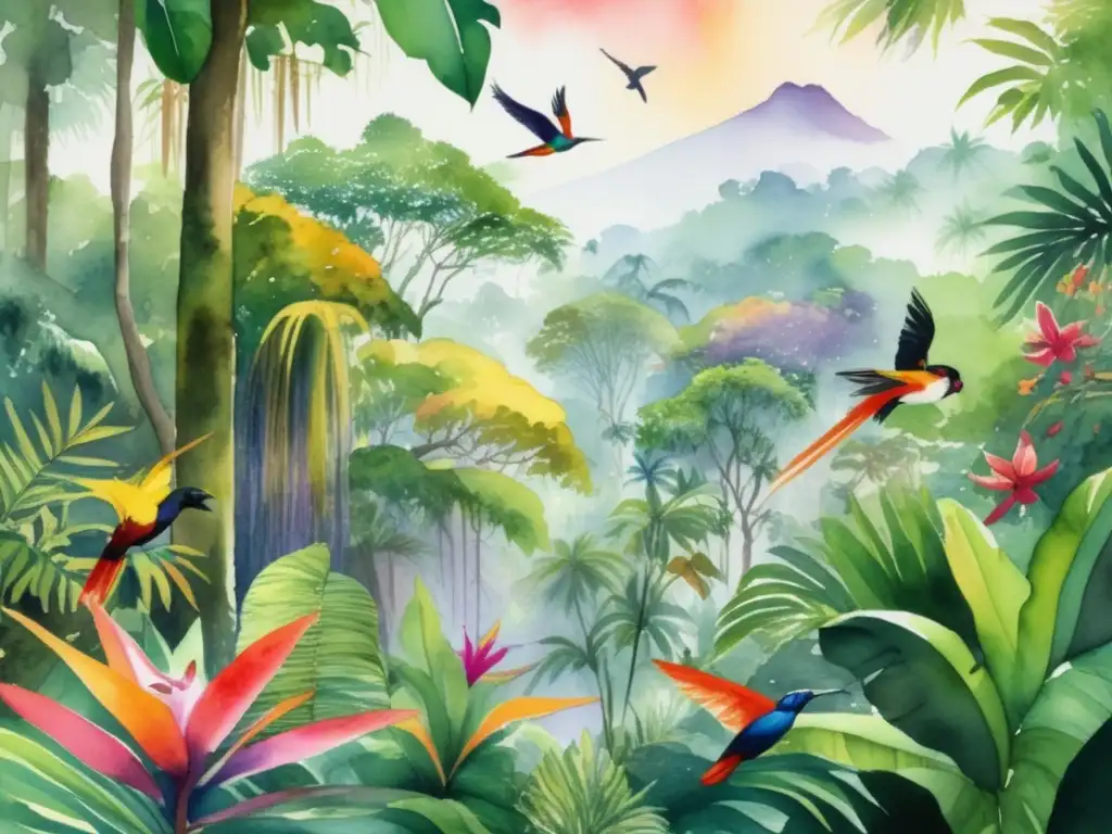 Pintura acuarela selva tropical América Latina: Importancia cultural plantas selvas tropicales