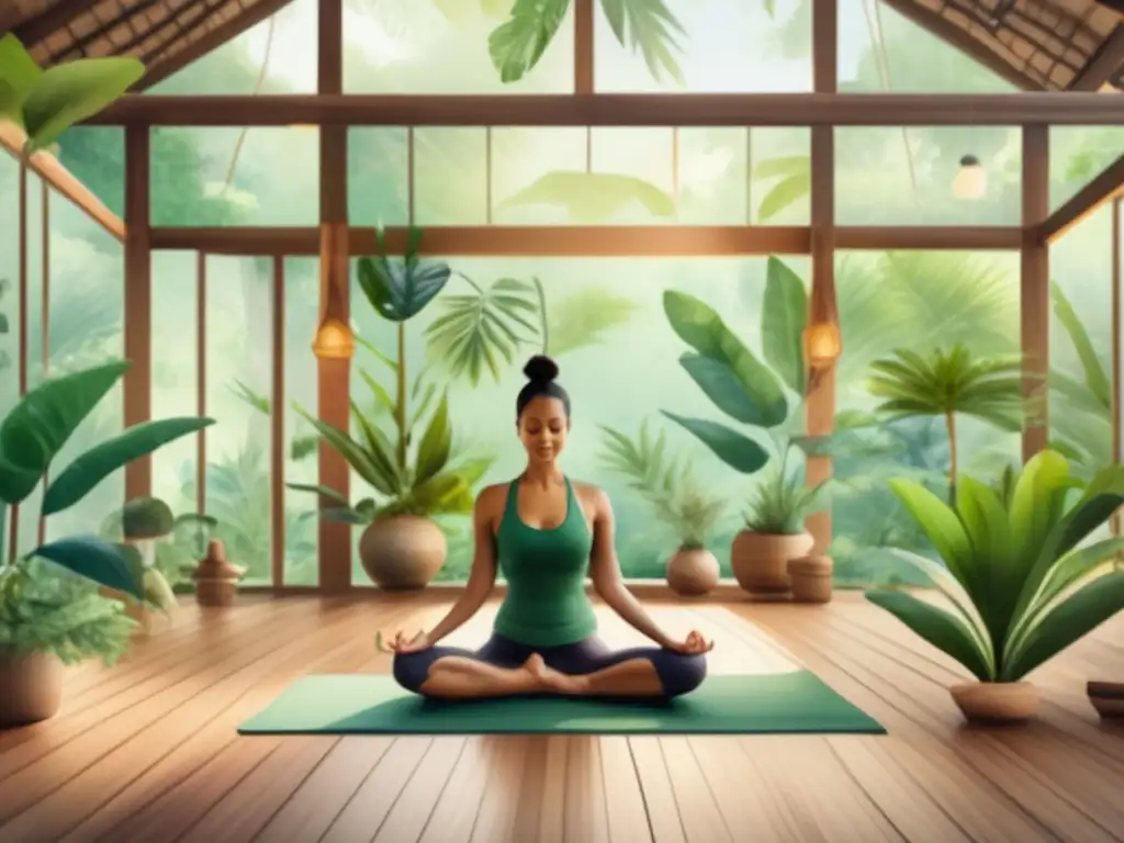 Estudio de yoga rodeado de selva tropical, con planta