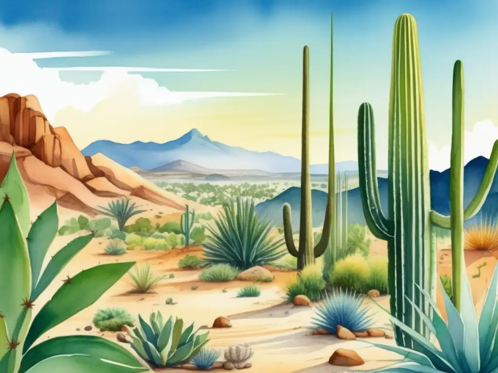 Evolución de plantas adaptadas a climas diversos en ilustración acuarela ultra detallada de paisaje exuberante