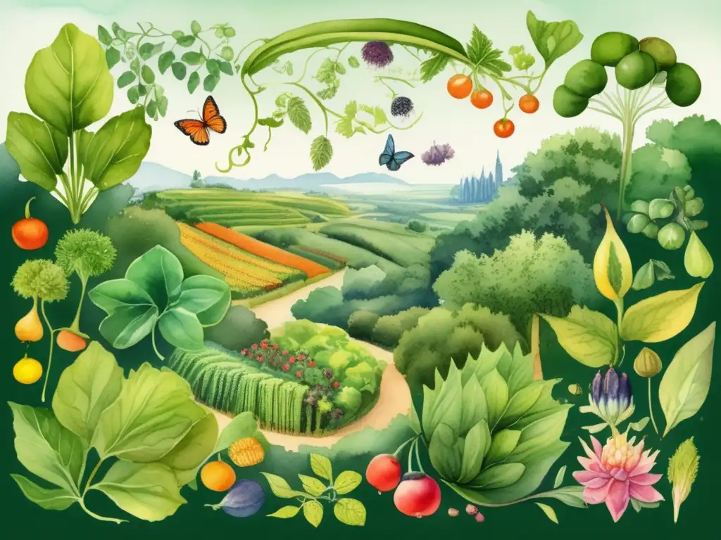 Evolución botánica de plantas comestibles: ilustración acuarela cautivadora con detalles vibrantes y diversidad de especies vegetales