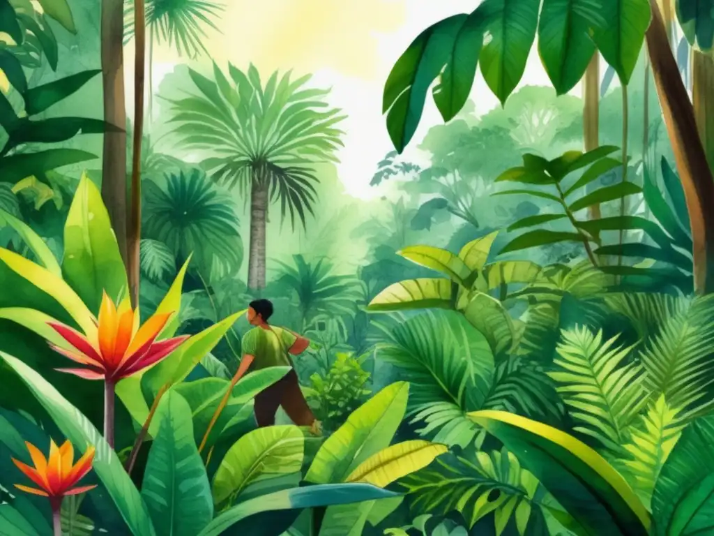 Ilustración acuarela vibrante de un exuberante bosque tropical, con una variedad de plantas y flores exóticas