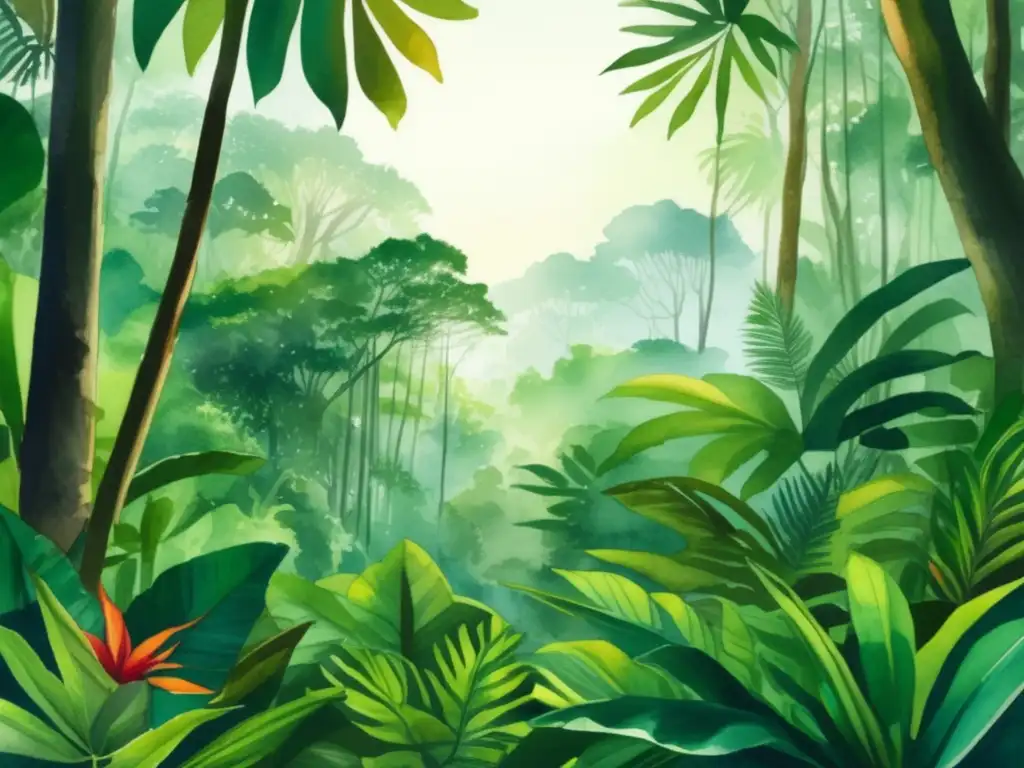 Ilustración acuarela detallada de selva tropical exuberante con plantas comestibles y cultura indígena