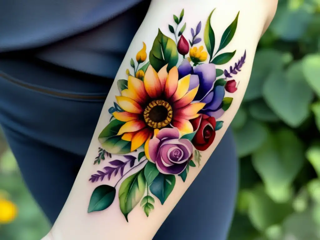 Los tatuajes botánicos más populares: brazo adornado con exquisito tatuaje de flores y hojas, capturado en acuarela