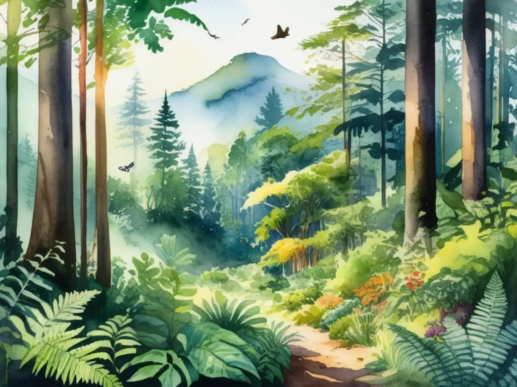Bosque vibrante y diverso con detalles acuarela Imagen de un exuberante ecosistema forestal con técnicas de reforestación para suelos degradados