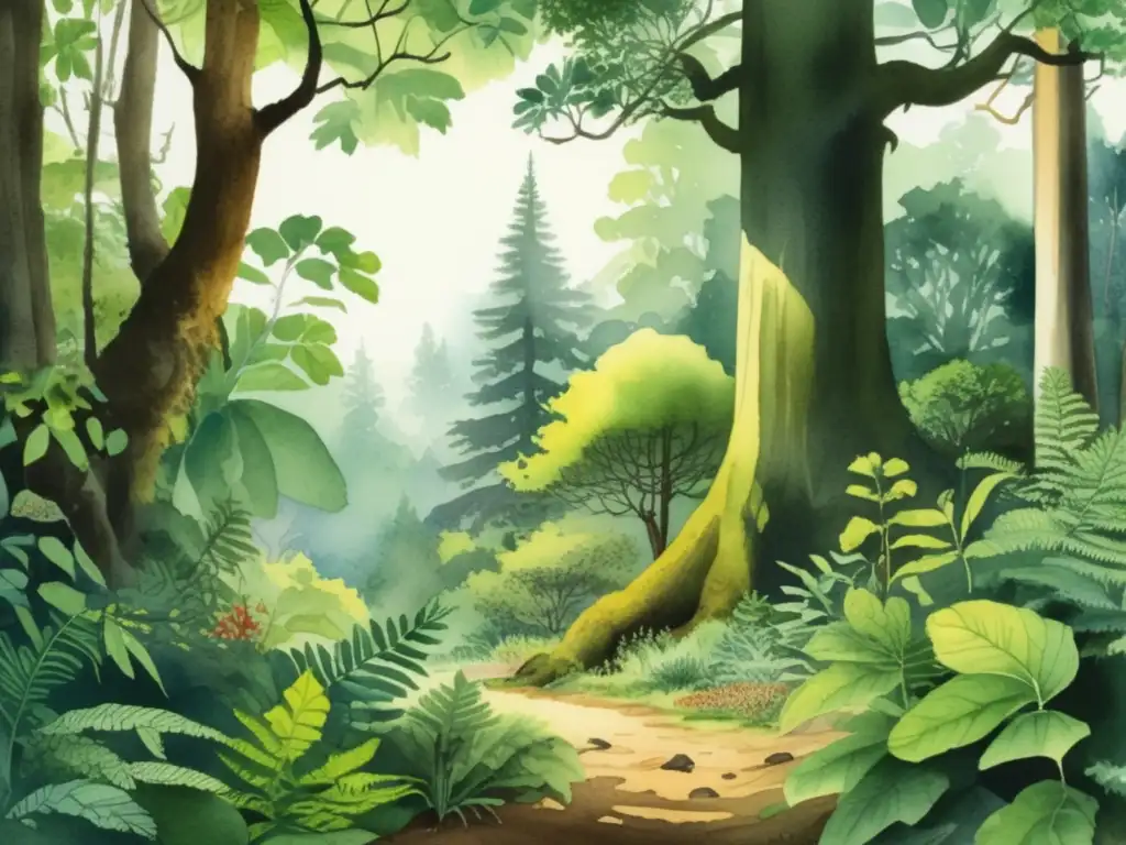 Ilustración acuarela detallada de un bosque vibrante y exuberante con plantas medicinales en peligro