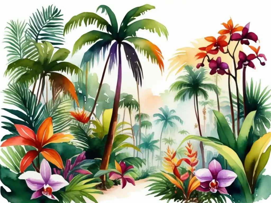 Ilustración acuarela de exuberante bosque tropical, lleno de plantas exóticas vibrantes