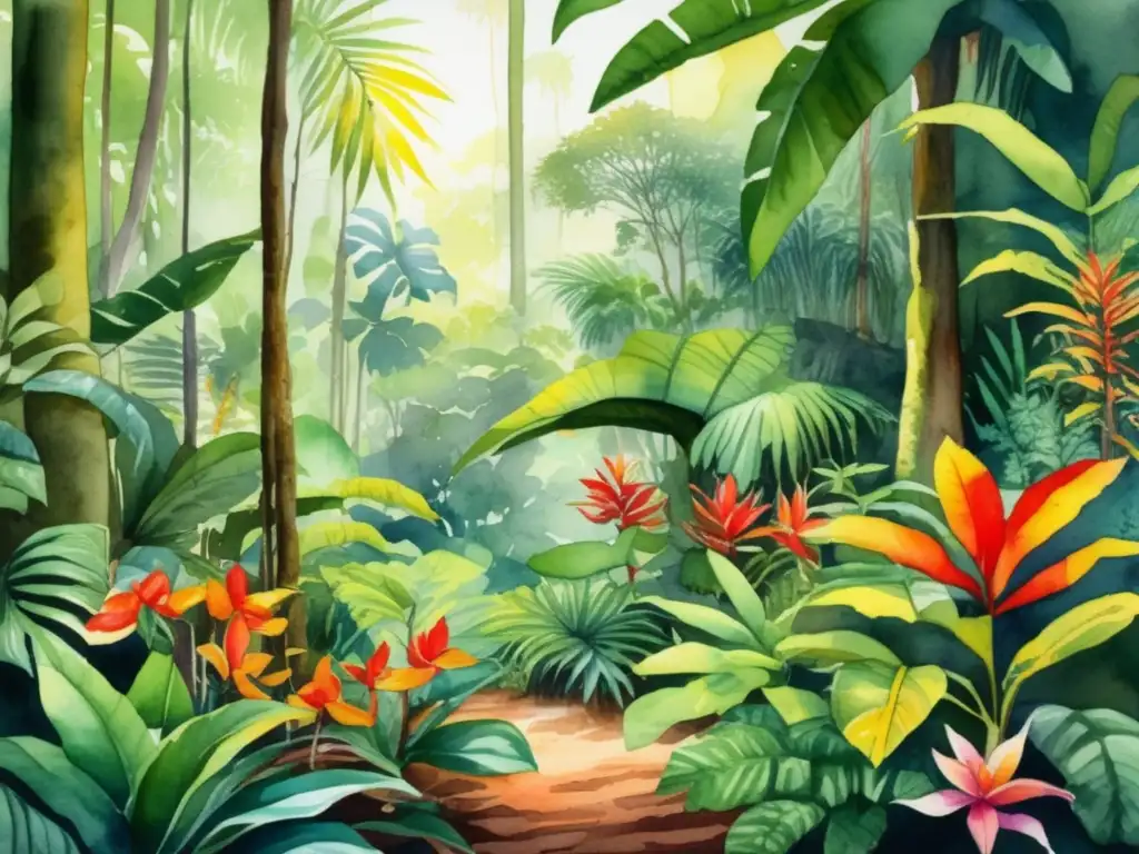 Plantas exóticas de bosques tropicales: Detallada acuarela de bosque tropical, vida abundante, colores vibrantes, texturas y patrones únicos