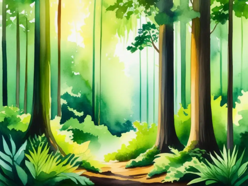 Pintura acuarela vibrante de un bosque verde exuberante con árboles majestuosos alcanzando el cielo